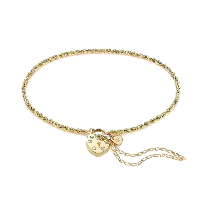 9K Yellow Gold 2mm Rope Chain Padlock And Safety Chain Bracelet 7.5 Inch 7078137 1