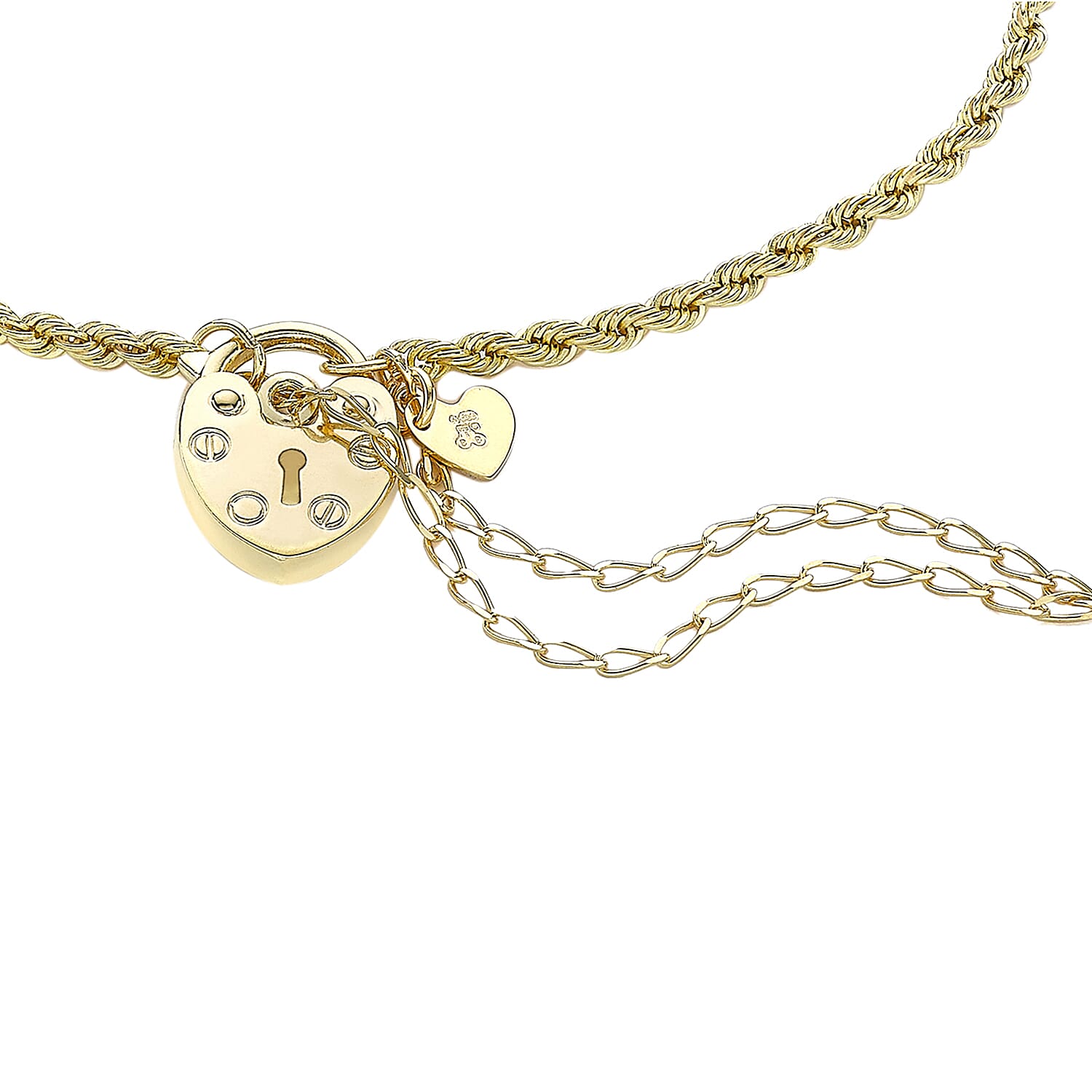 9K Yellow Gold 2mm Rope Chain Padlock And Safety Chain Bracelet 7.5 Inch 7078137 2
