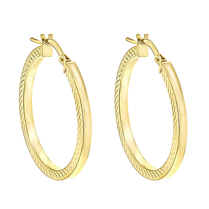 9K Yellow Gold 2mm Tube 20mm Cobra Textured Creole Earrings 7190101 2