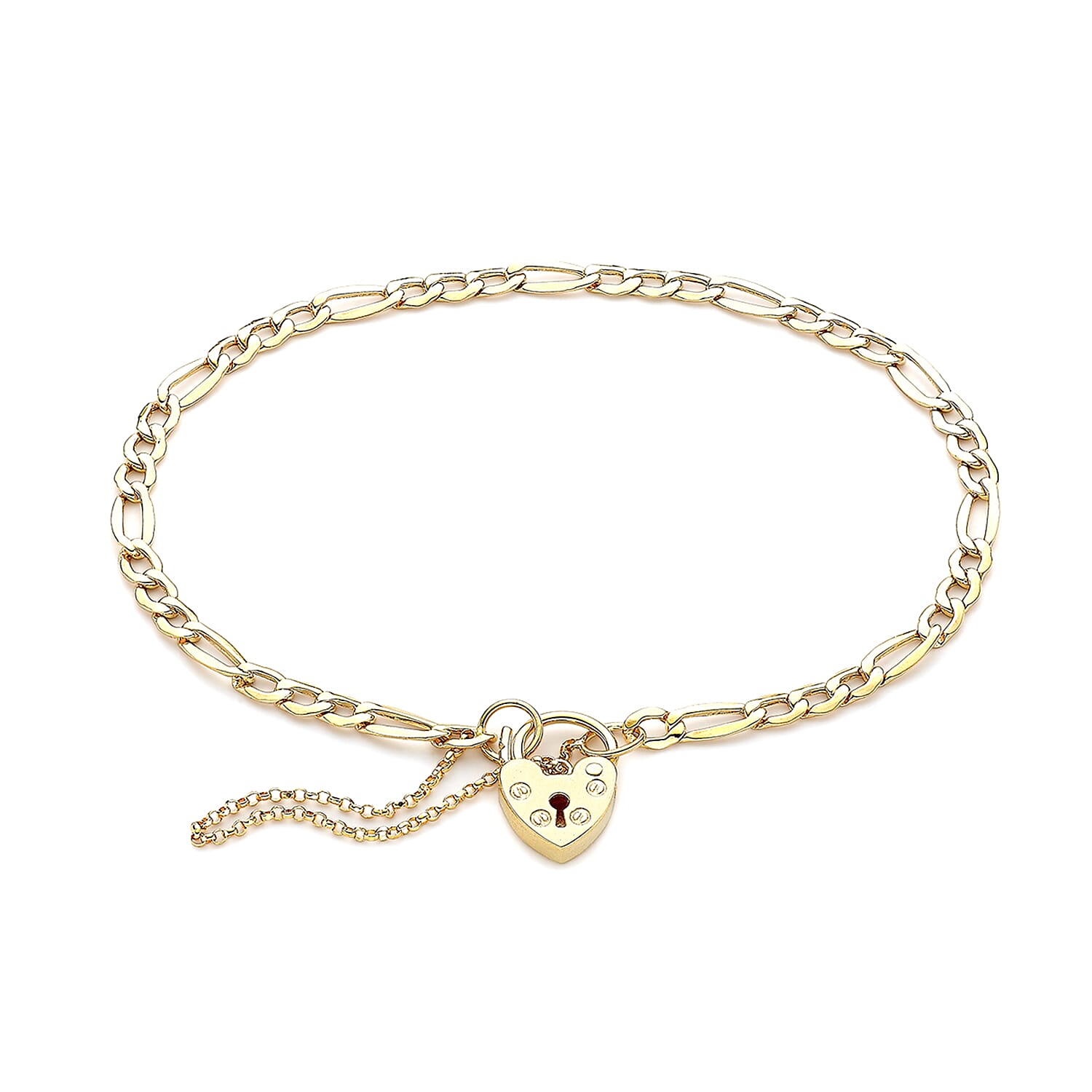 9K Yellow Gold 3.5mm Figaro 9mm X 14mm Padlock And Safety Chain Bracelet 7 Inch 7078138 0