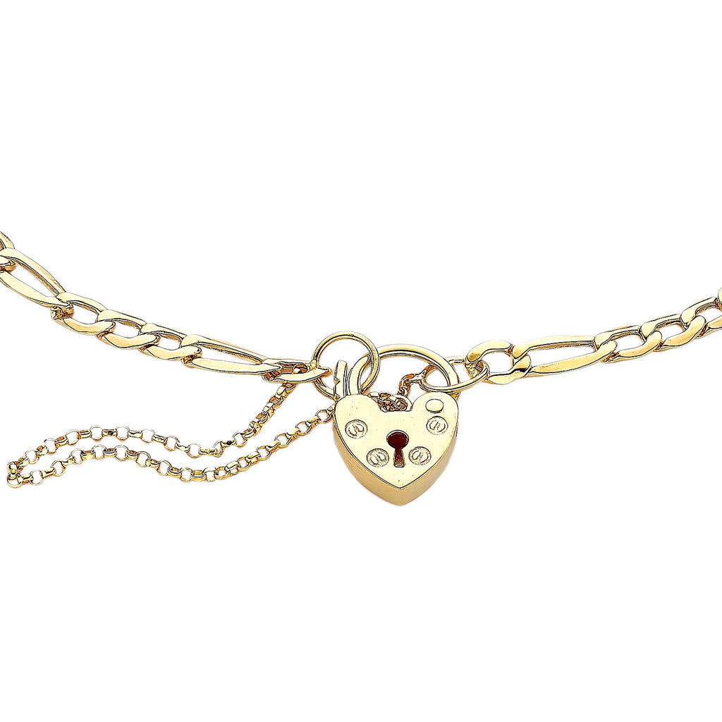 9K Yellow Gold 3.5mm Figaro 9mm X 14mm Padlock And Safety Chain Bracelet 7 Inch