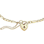 9K Yellow Gold 3.5mm Figaro 9mm X 14mm Padlock And Safety Chain Bracelet 7 Inch