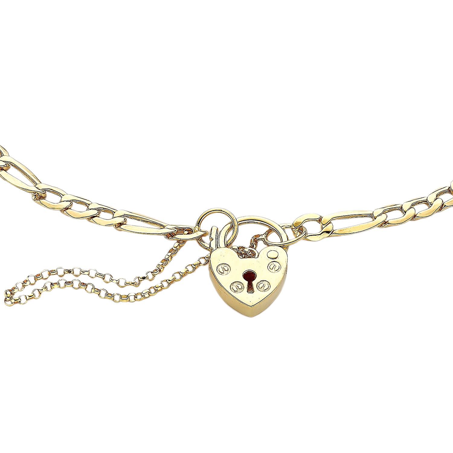 9K Yellow Gold 3.5mm Figaro 9mm X 14mm Padlock And Safety Chain Bracelet 7 Inch 7078138 2