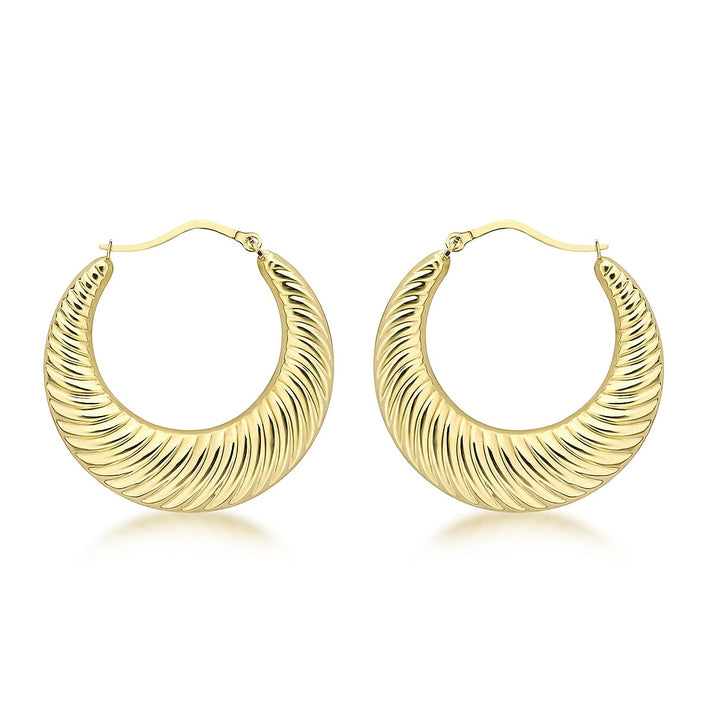 9K Yellow Gold 33mm Ribbed Creole Earrings 7190135 1