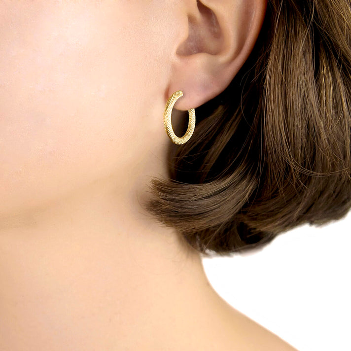 9K Yellow Gold 3MM Tube 21MM Textured Hoop Creole Earrings 1.4 grams 6092920 2
