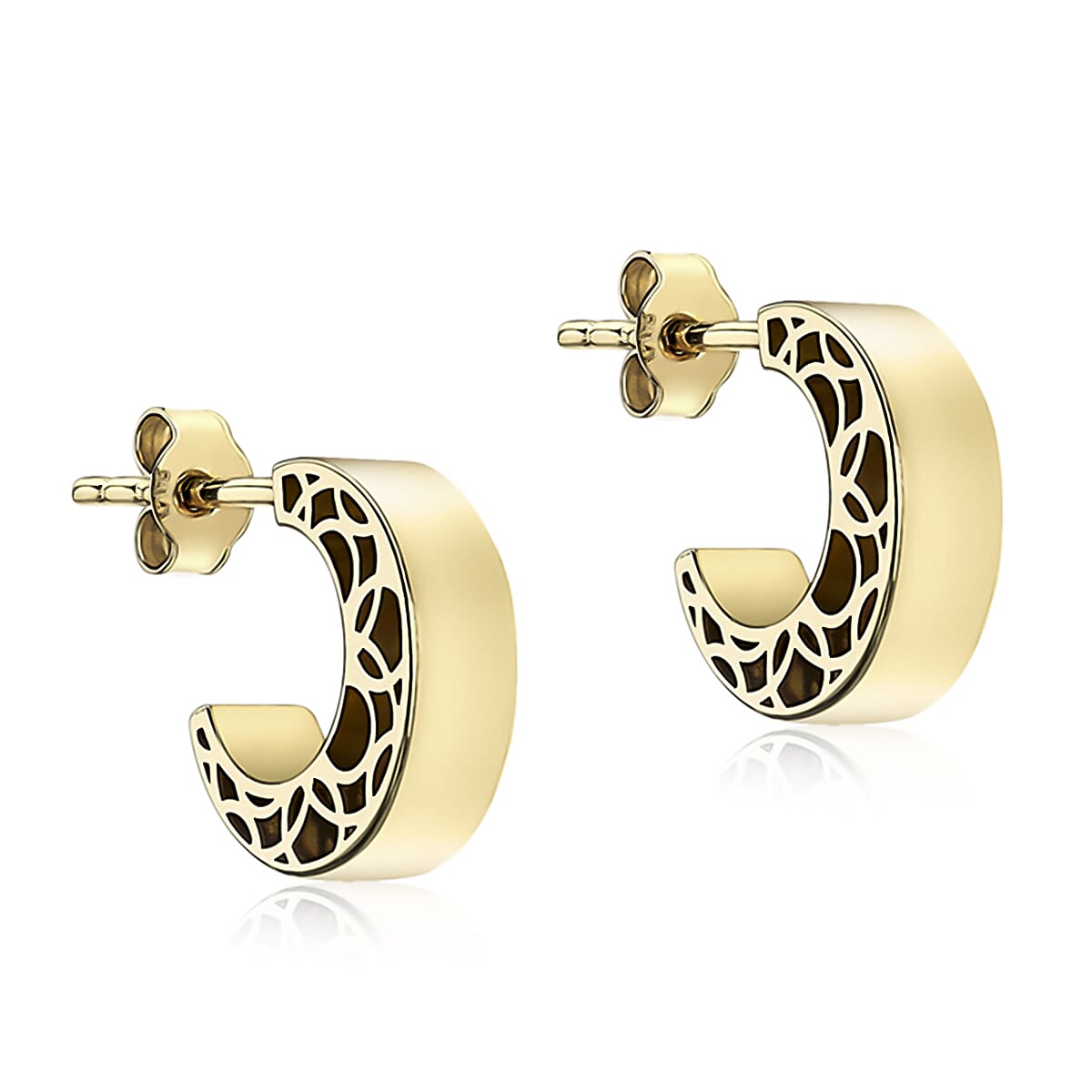 9K Yellow Gold 3mm X 10mm Filigree Side Half Hoop Stud Earrings 7190164 0