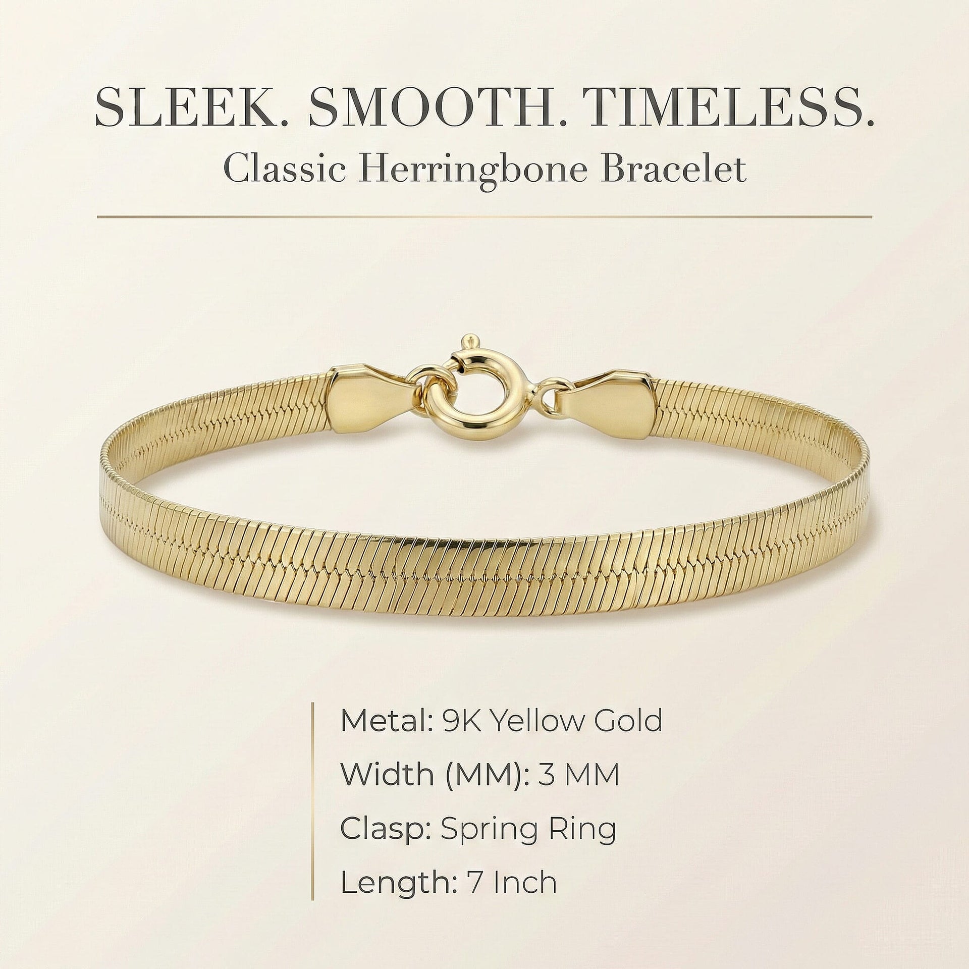 9K Yellow Gold 3mm Herringbone Bracelet 7 Inch 7193028 7