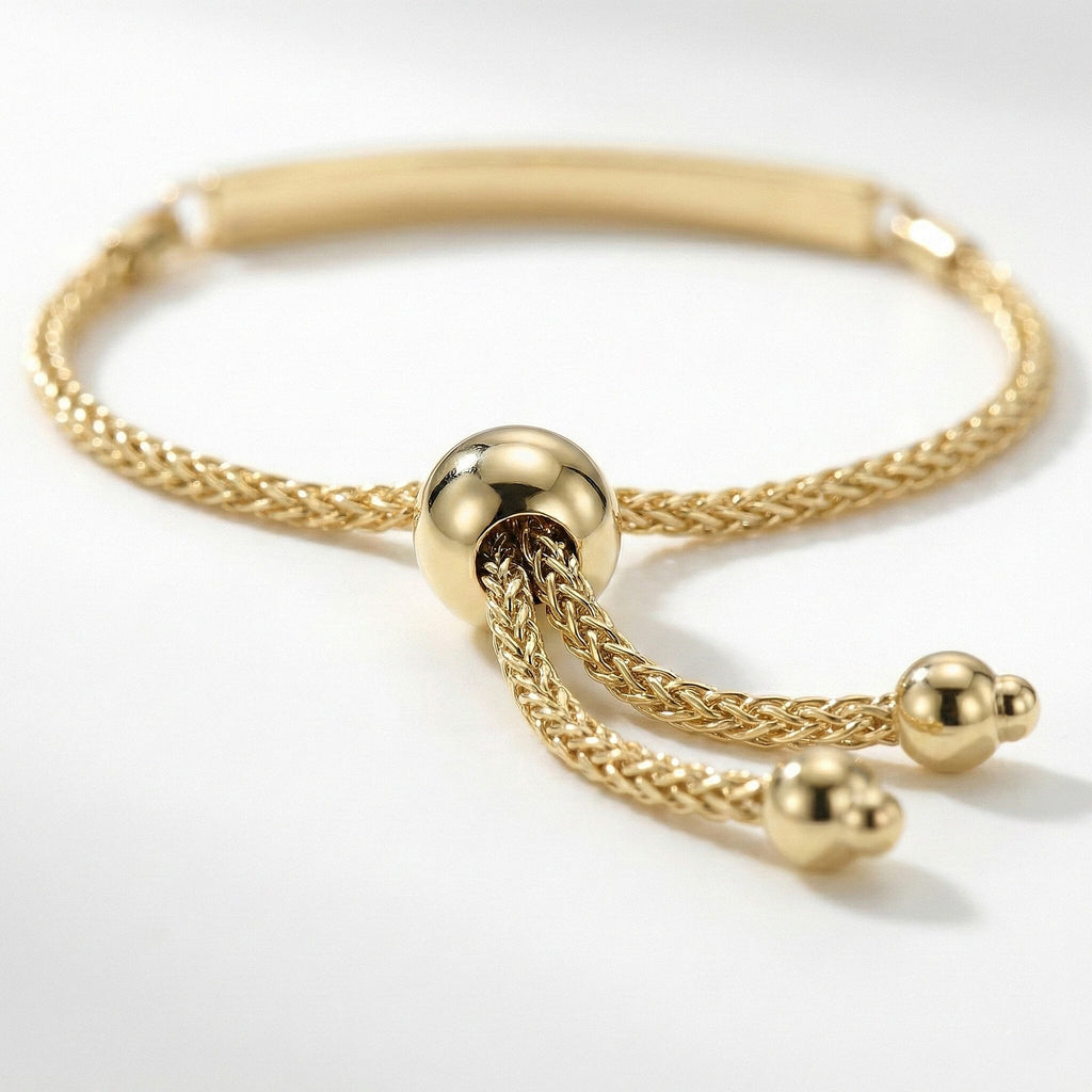 9K Yellow Gold 3mm X 34.5mm Spiga Chain Adjustable Slider Id Bracelet 9.5 Inch