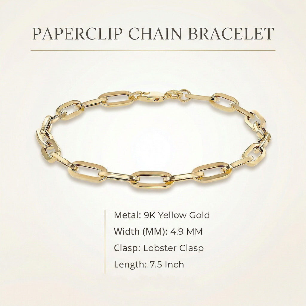 9K Yellow Gold 4.9MM Paperclip Chain Bracelet 7.5 Inch, 3.7 grams