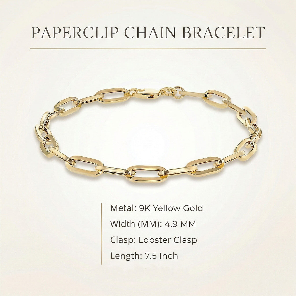 9K Yellow Gold 4.9MM Paperclip Chain Bracelet 7.5 Inch 3.7 grams 6093032 7