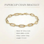 9K Yellow Gold 4.9MM Paperclip Chain Bracelet 7.5 Inch, 3.7 grams