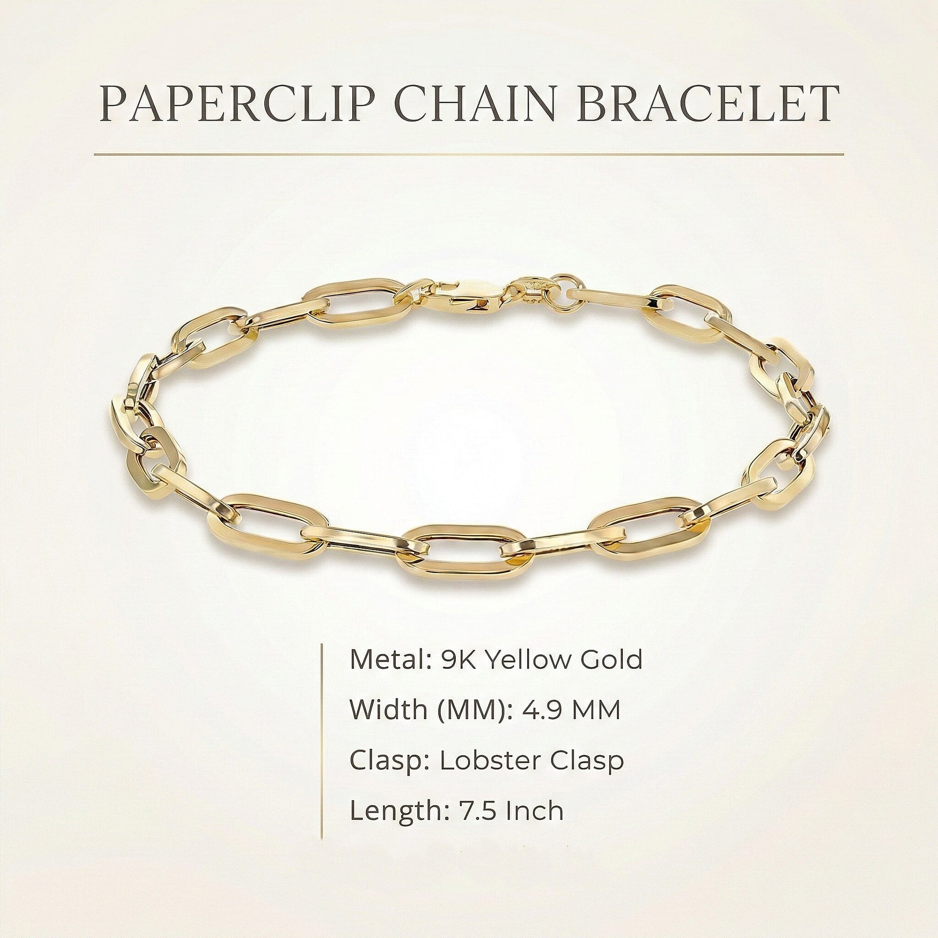 9K Yellow Gold 4.9MM Paperclip Chain Bracelet 7.5 Inch 3.7 grams 6093032 7