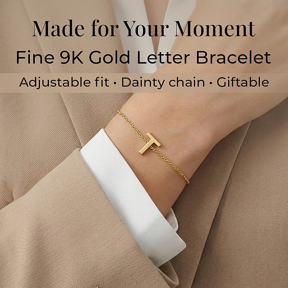 9K Yellow Gold 4mm X 5mm 'T' Initial Adjustable Bracelet 6 to 7.2 Inch 7193934 1