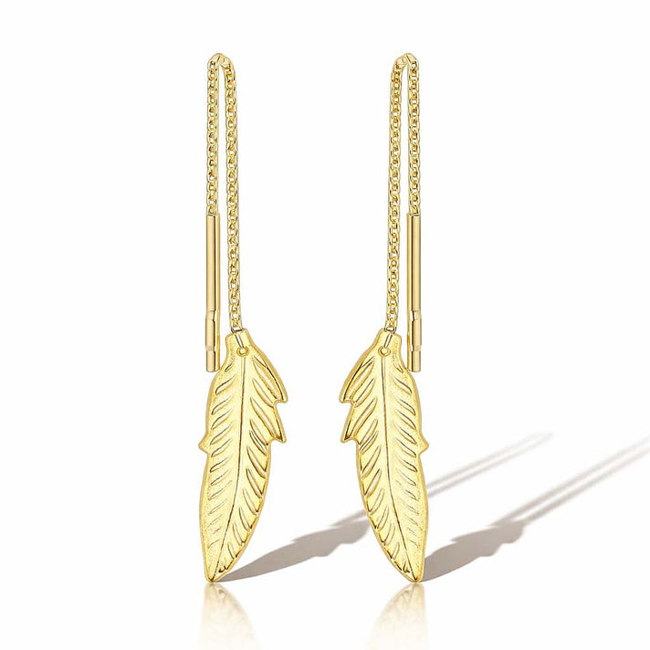 9K Yellow Gold 4mm X 60mm Leaf Pull Through Chain Earrings 7154564 1