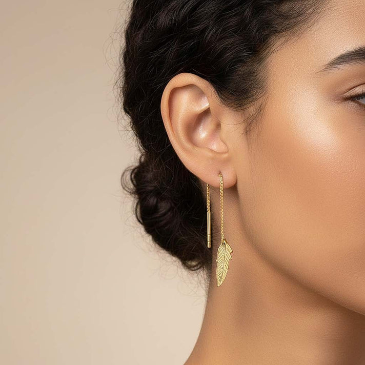 9K Yellow Gold 4mm X 60mm Leaf Pull Through Chain Earrings 7154564 2