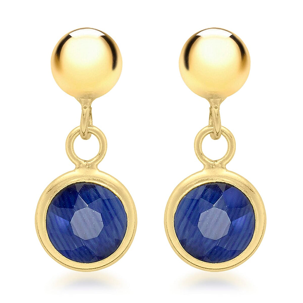 9K Yellow Gold 5mm Blue Crystal and Ball 5.5mm x 13mm Drop Earrings