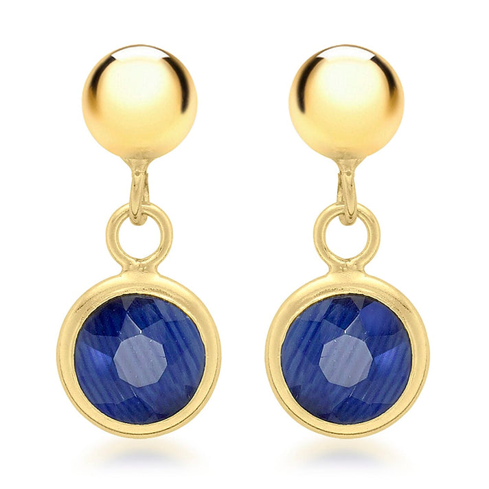 9K Yellow Gold 5mm Blue Crystal and Ball 5.5mm x 13mm Drop Earrings 7078173 1