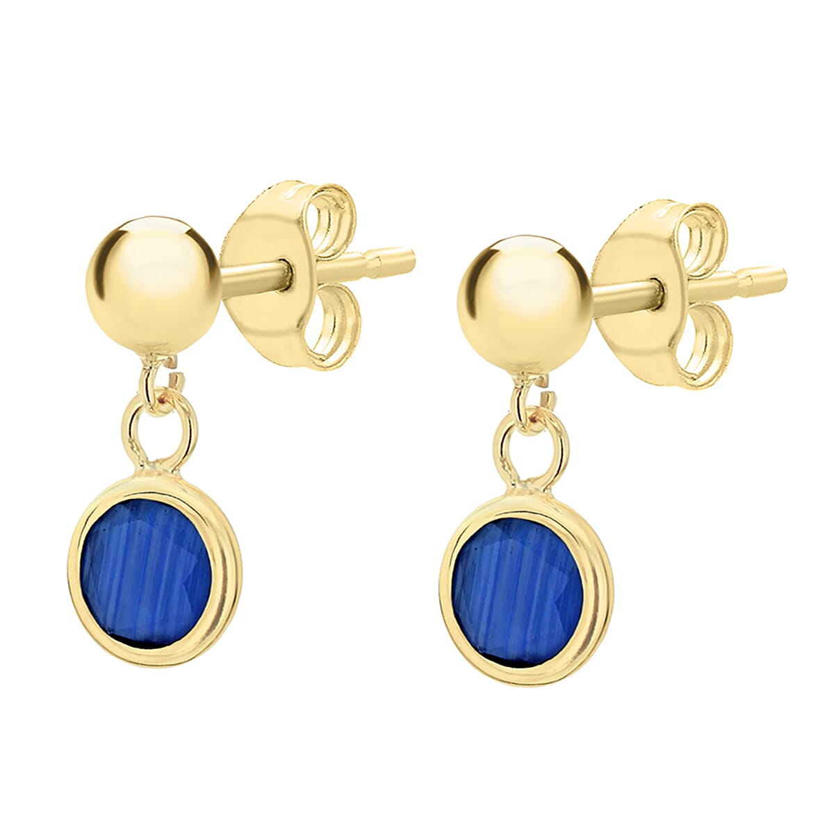 9K Yellow Gold 5mm Blue Crystal and Ball 5.5mm x 13mm Drop Earrings 7078173 1