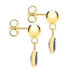 9K Yellow Gold 5mm Blue Crystal and Ball 5.5mm x 13mm Drop Earrings