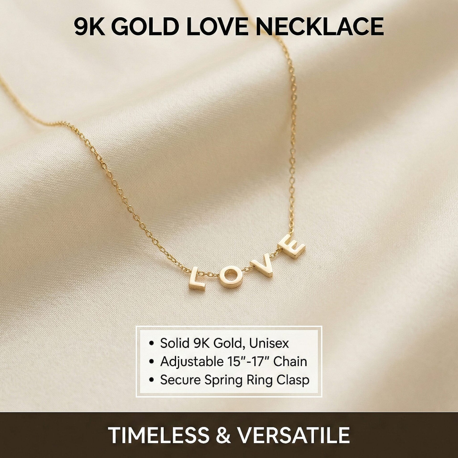 9K Yellow Gold 5mm Love Adjustable Necklace 15 Inch to 17 Inch 7343248 7