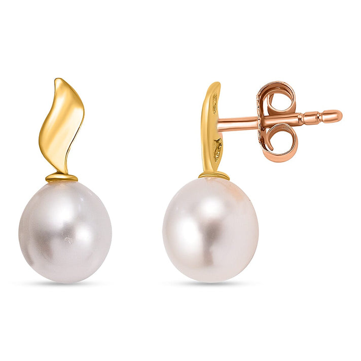 9K Yellow Gold 6.5mm x 7.5mm Freshwater Pearl and Curved Ellipse 6.5mm x 15mm Stud Earrings 7078180 1