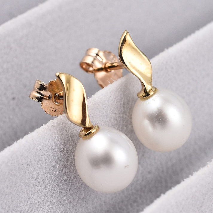 9K Yellow Gold 6.5mm x 7.5mm Freshwater Pearl and Curved Ellipse 6.5mm x 15mm Stud Earrings 7078180 2
