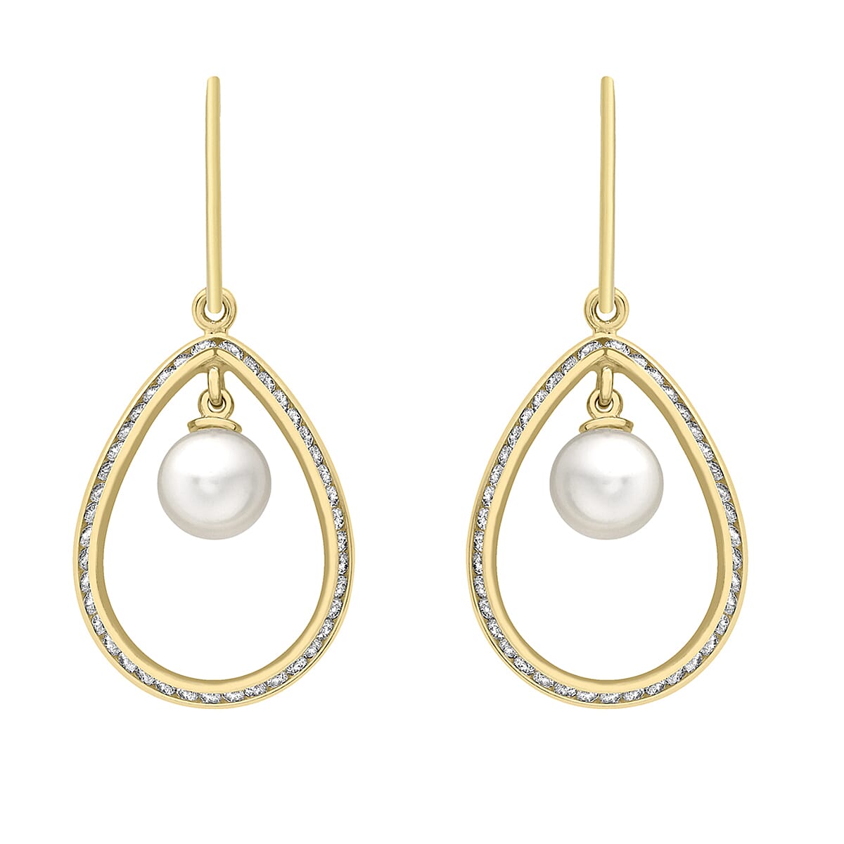 9K Yellow Gold 6mm Freshwater Pearl and Cubic Zirconia 15mm x 35mm Teardrop Earrings 7078168 0