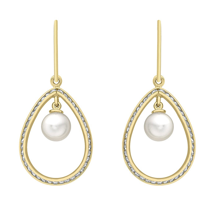 9K Yellow Gold 6mm Freshwater Pearl and Cubic Zirconia 15mm x 35mm Teardrop Earrings 7078168 1
