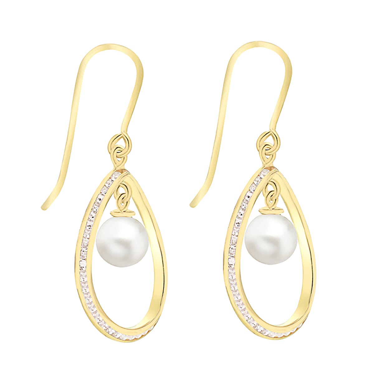 9K Yellow Gold 6mm Freshwater Pearl and Cubic Zirconia 15mm x 35mm Teardrop Earrings 7078168 1