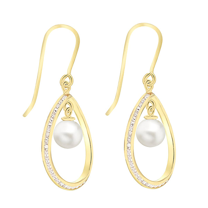 9K Yellow Gold 6mm Freshwater Pearl and Cubic Zirconia 15mm x 35mm Teardrop Earrings 7078168 2