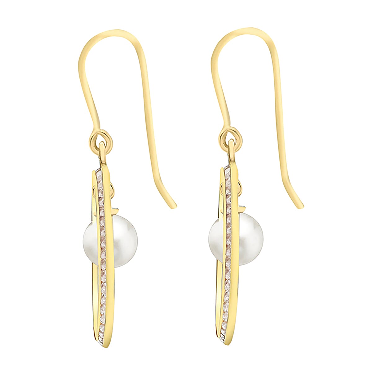 9K Yellow Gold 6mm Freshwater Pearl and Cubic Zirconia 15mm x 35mm Teardrop Earrings 7078168 2