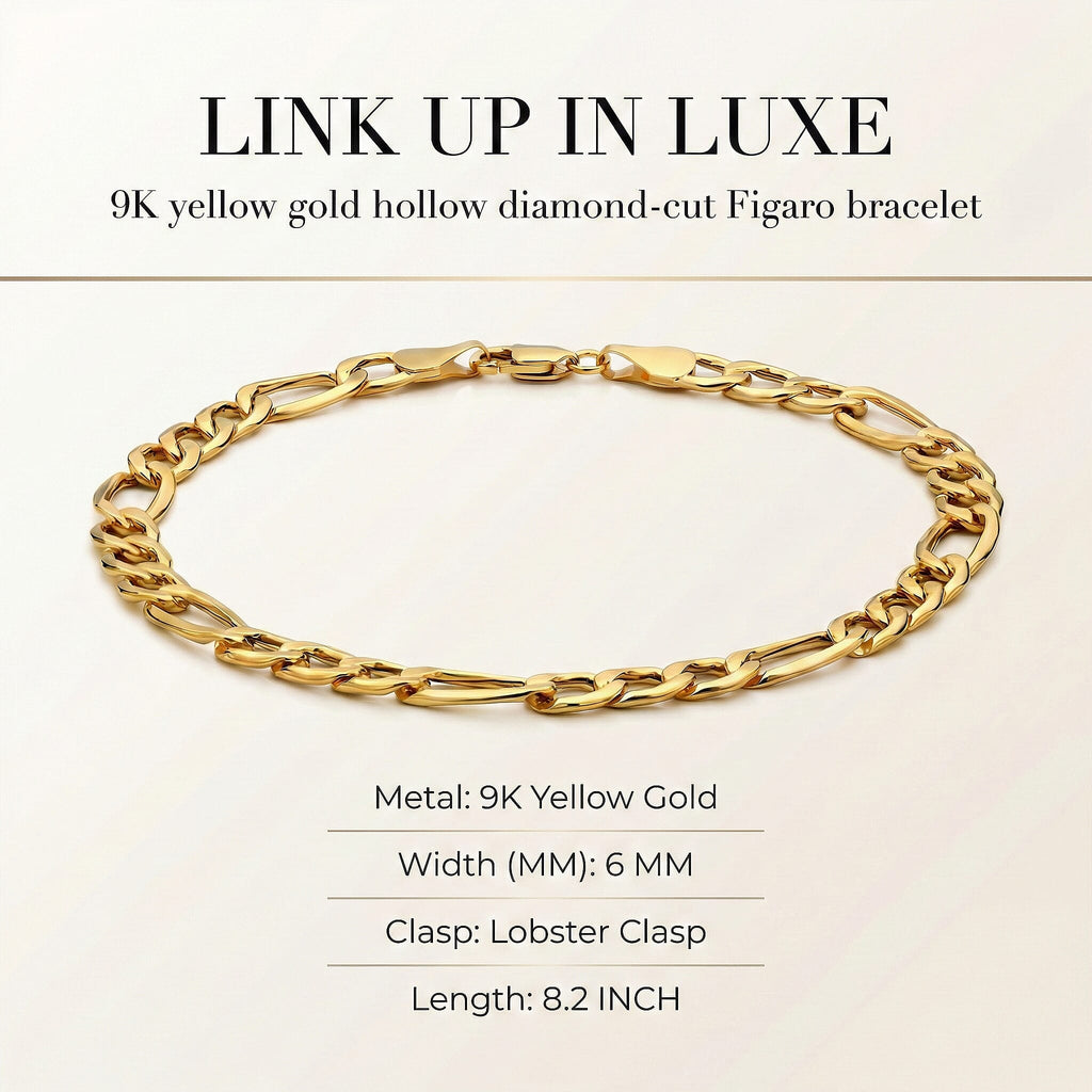 9K Yellow Gold 6mm Hollow Diamond Cut Figaro Bracelet 8.2 Inch