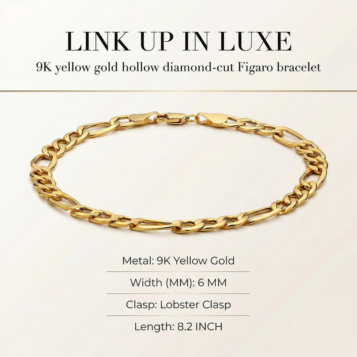 9K Yellow Gold 6mm Hollow Diamond Cut Figaro Bracelet 8.2 Inch 7193425 7