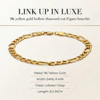 9K Yellow Gold 6mm Hollow Diamond Cut Figaro Bracelet 8.2 Inch