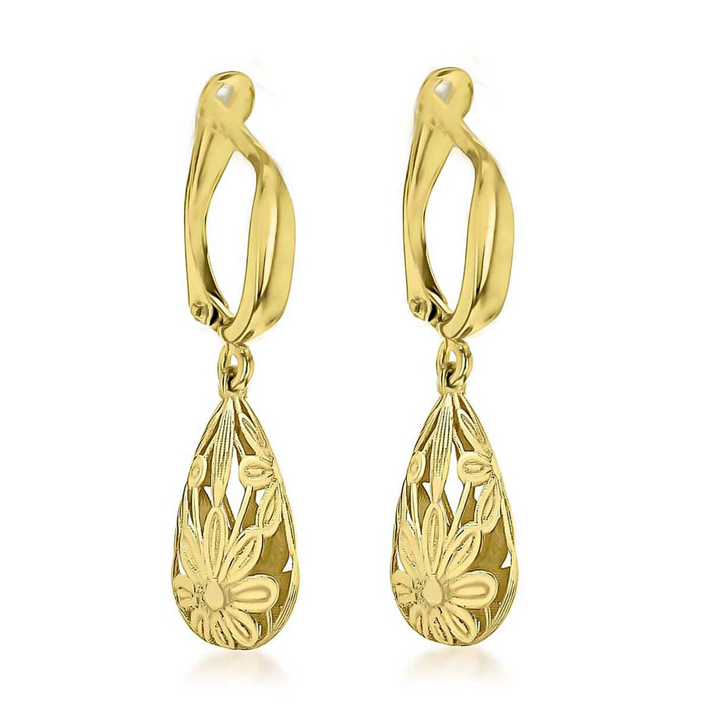 9K Yellow Gold 7.5mm x 28mm Floral Teardrop Earrings