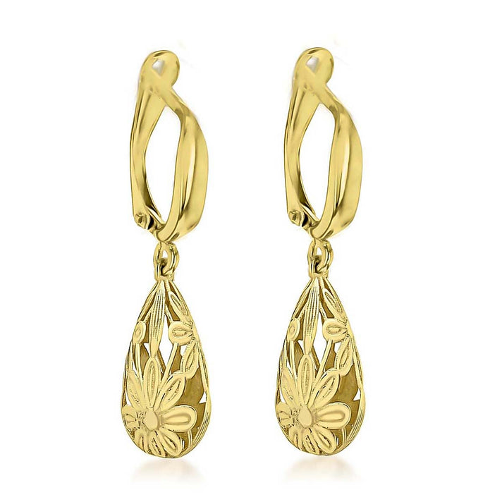 9K Yellow Gold 7.5mm x 28mm Floral Teardrop Earrings 8894719 2