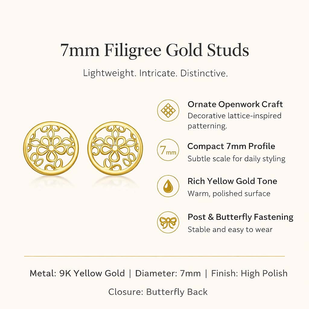 9K Yellow Gold 7mm Filigree Round Stud Earrings 7190158 6