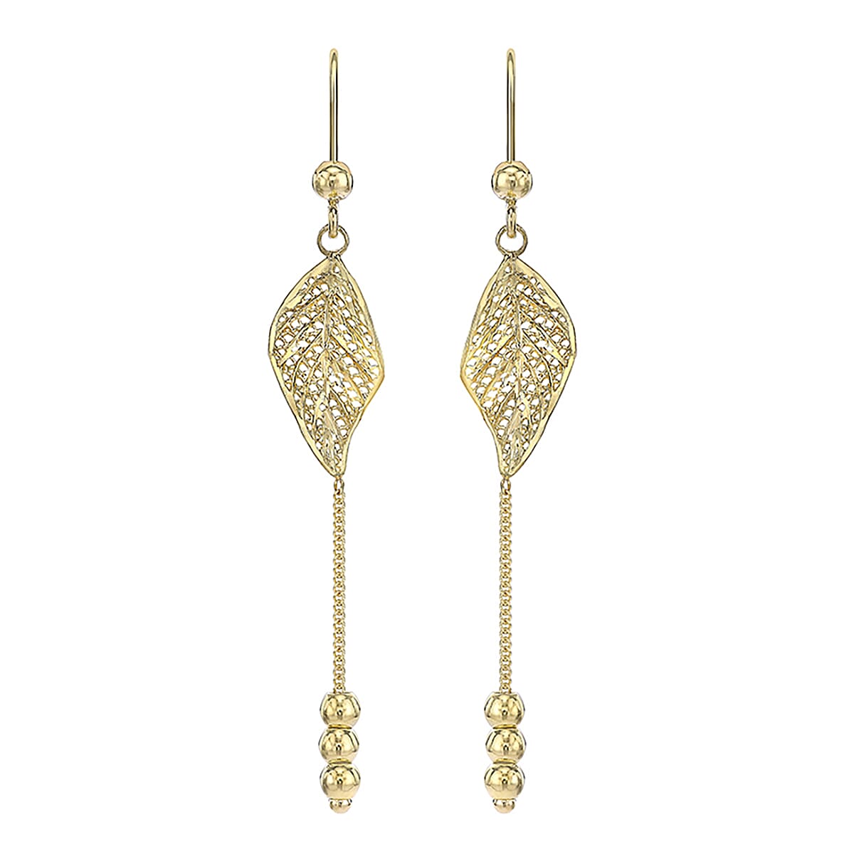 9K Yellow Gold 8.5mm x 60mm Diamond Cut Leaf and Chain Drop Earrings 8894726 0