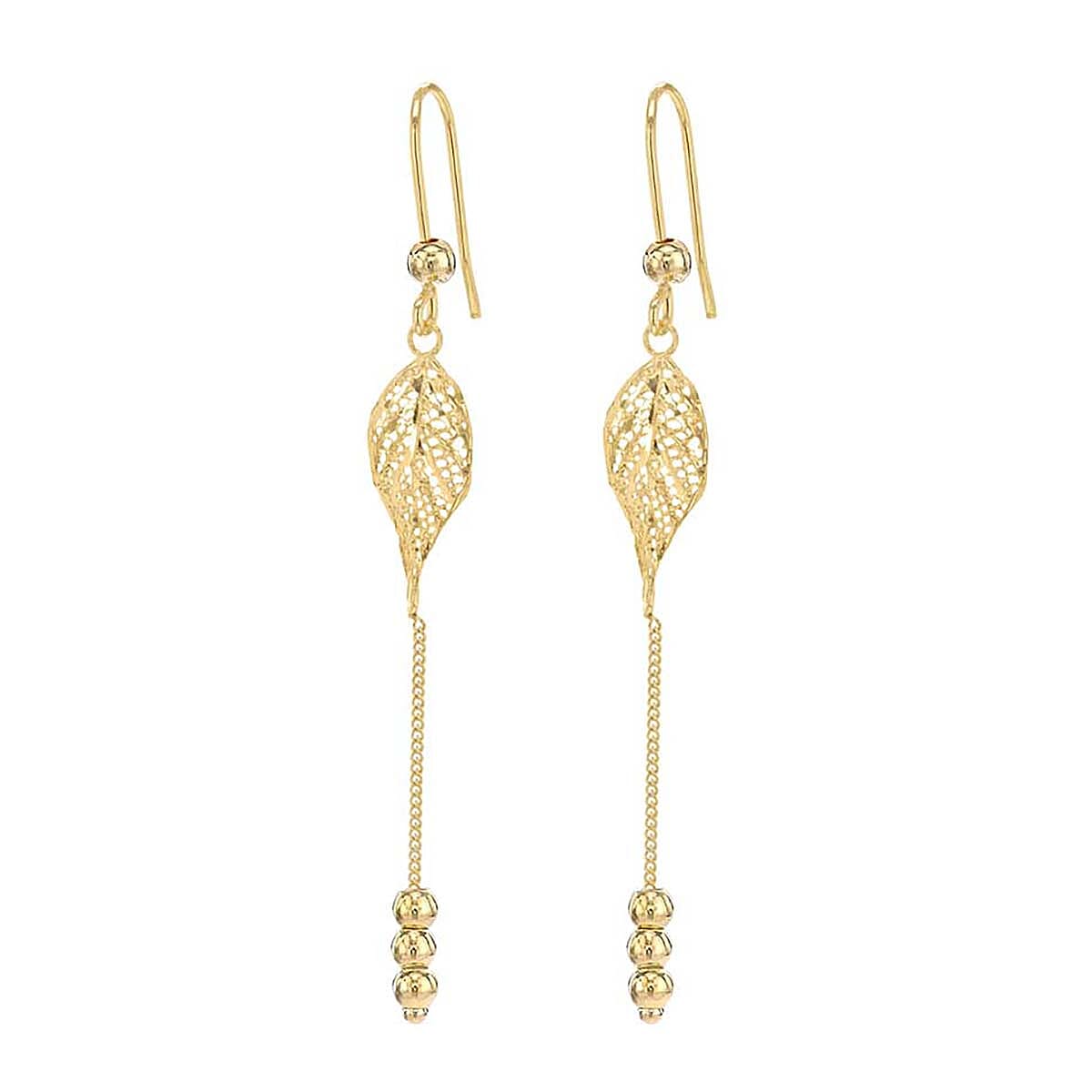 9K Yellow Gold 8.5mm x 60mm Diamond Cut Leaf and Chain Drop Earrings 8894726 1