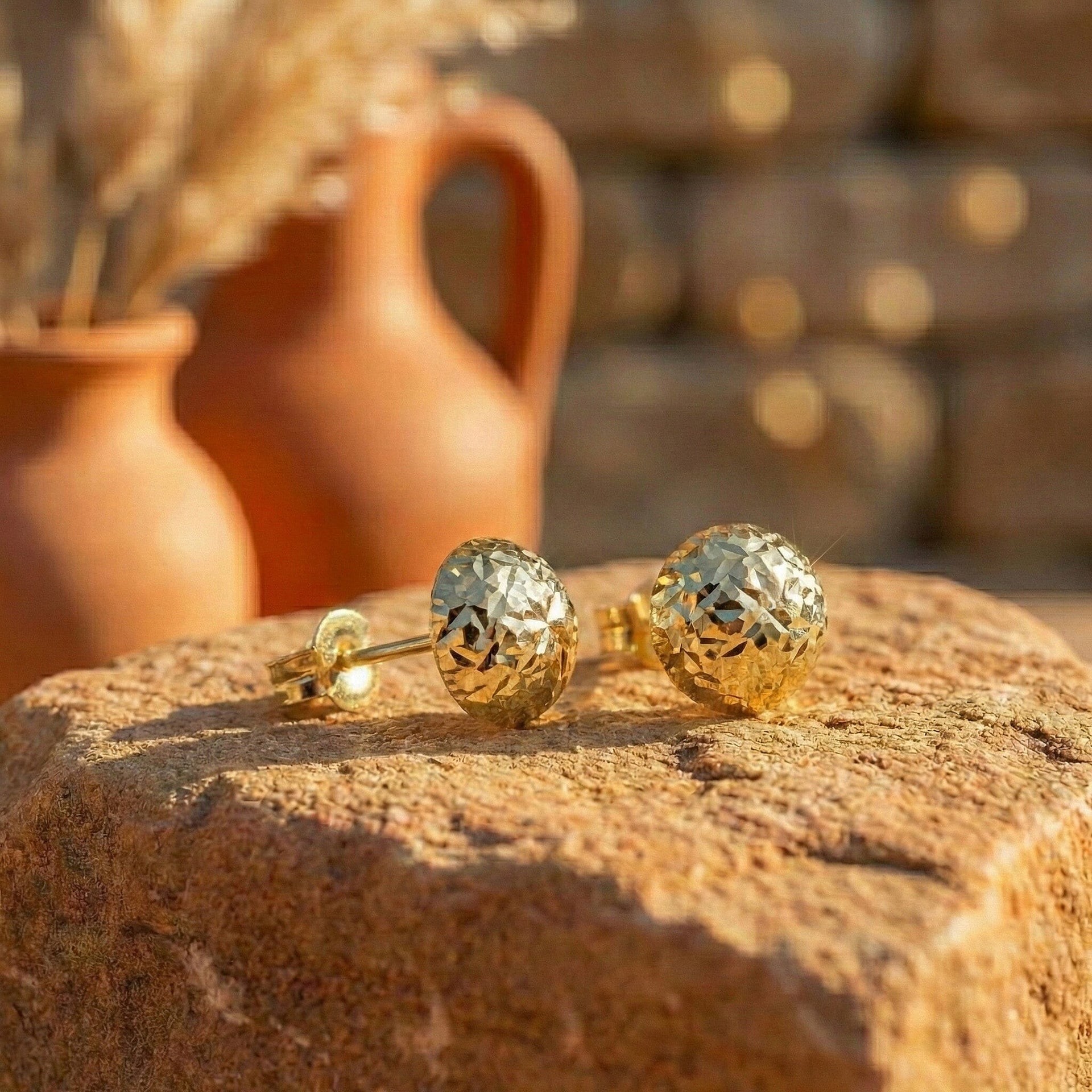 9K Yellow Gold 8mm Diamond Cut Half Ball Stud Earrings 7338373 1