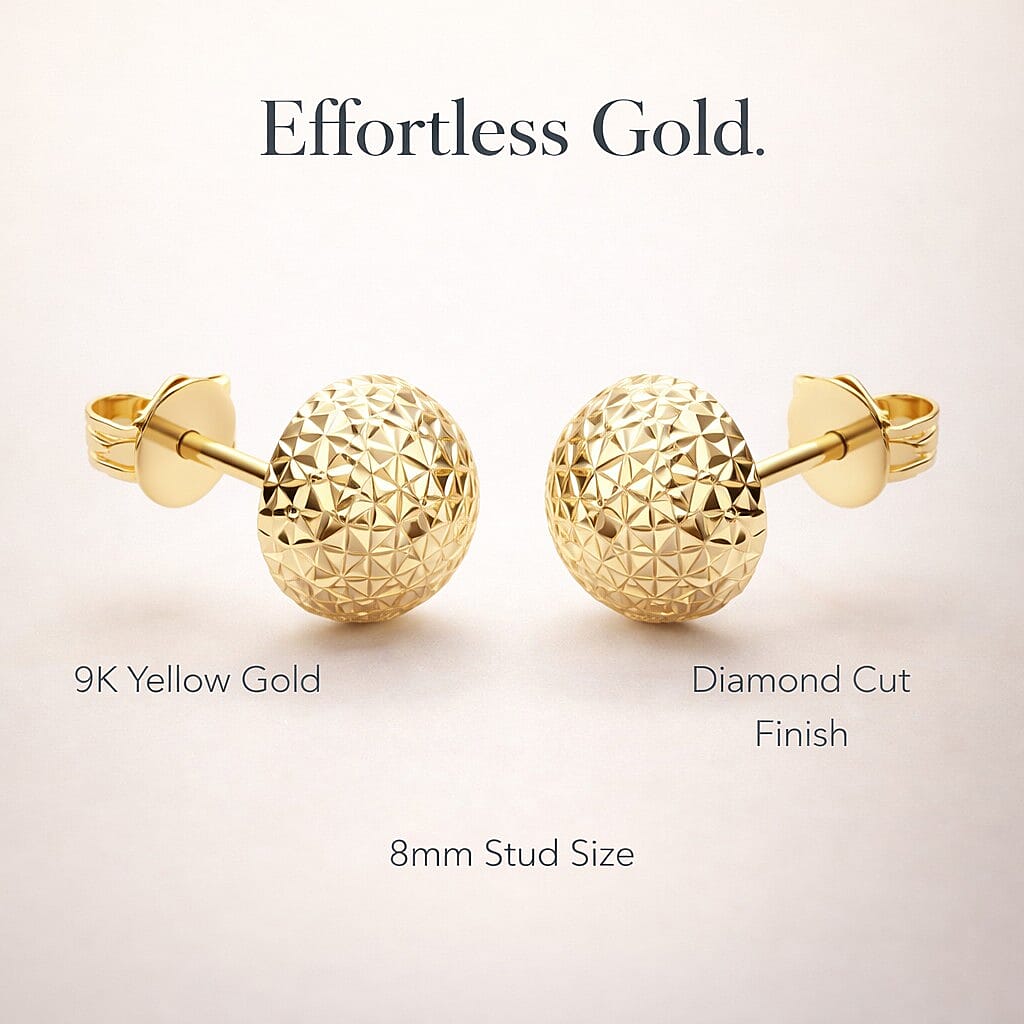 9K Yellow Gold 8mm Diamond Cut Half Ball Stud Earrings 7338373 6