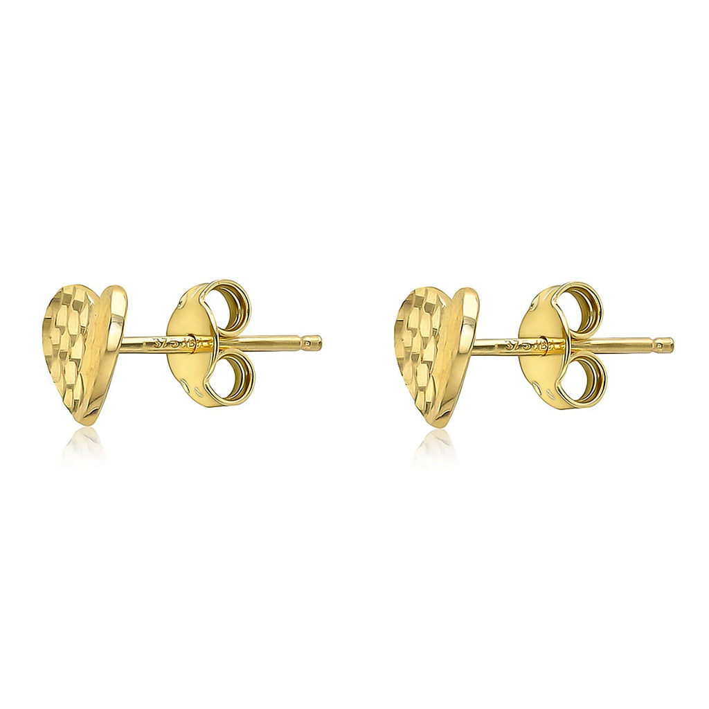 9K Yellow Gold 9mm X 7mm Diamond Cut Curved  'Heart' Stud Earring