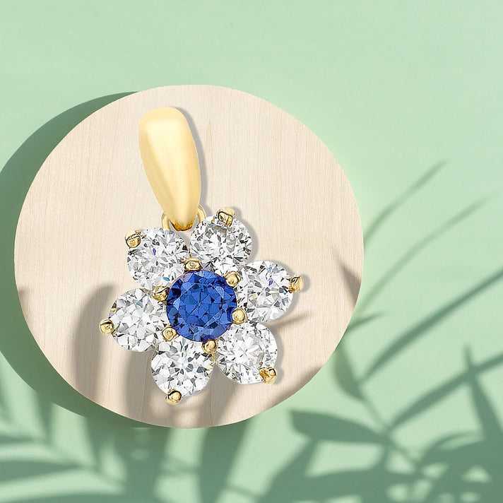 9K Yellow Gold A Blue Cubic Zirconia, Cubic Zirconia Halo Pendant 1.54 ct, Gold Wt. 0.75 Gms  1.540  Ct. 7712849 2