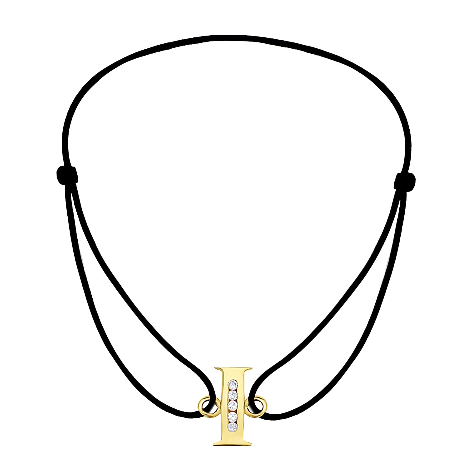 I Initial Black Cord Adjustable Bracelet 4.5 Inch to 8 Inch in 9K Yellow Gold Cubic Zirconia 4.5mm x 9mm 7382293 0