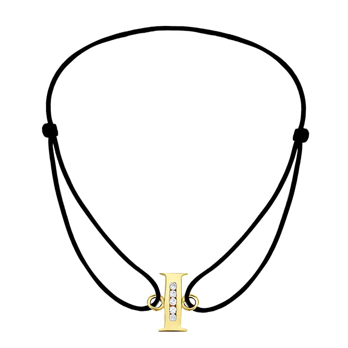 I Initial Black Cord Adjustable Bracelet 4.5 Inch to 8 Inch in 9K Yellow Gold Cubic Zirconia 4.5mm x 9mm 7382293 1