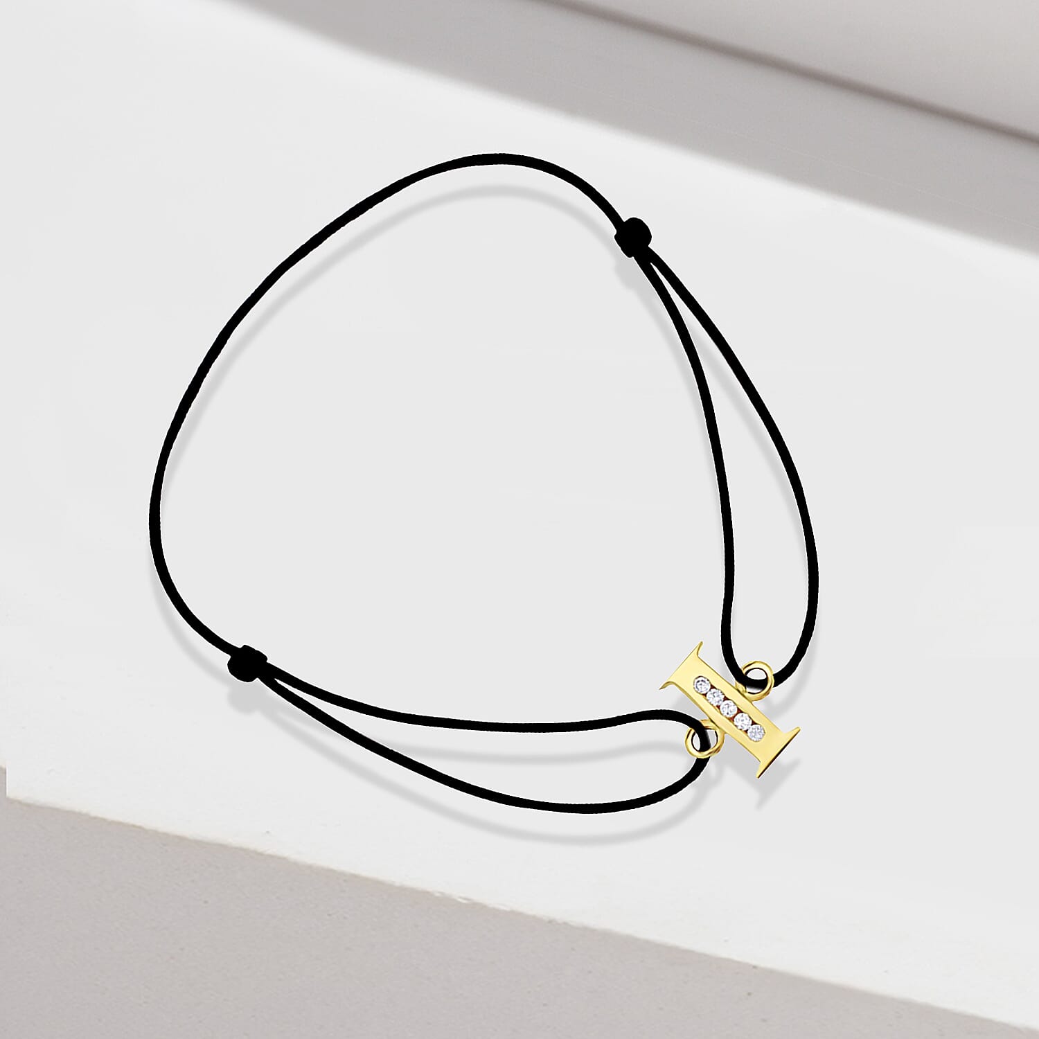 I Initial Black Cord Adjustable Bracelet 4.5 Inch to 8 Inch in 9K Yellow Gold Cubic Zirconia 4.5mm x 9mm 7382293 1