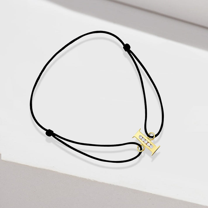 I Initial Black Cord Adjustable Bracelet 4.5 Inch to 8 Inch in 9K Yellow Gold Cubic Zirconia 4.5mm x 9mm 7382293 2