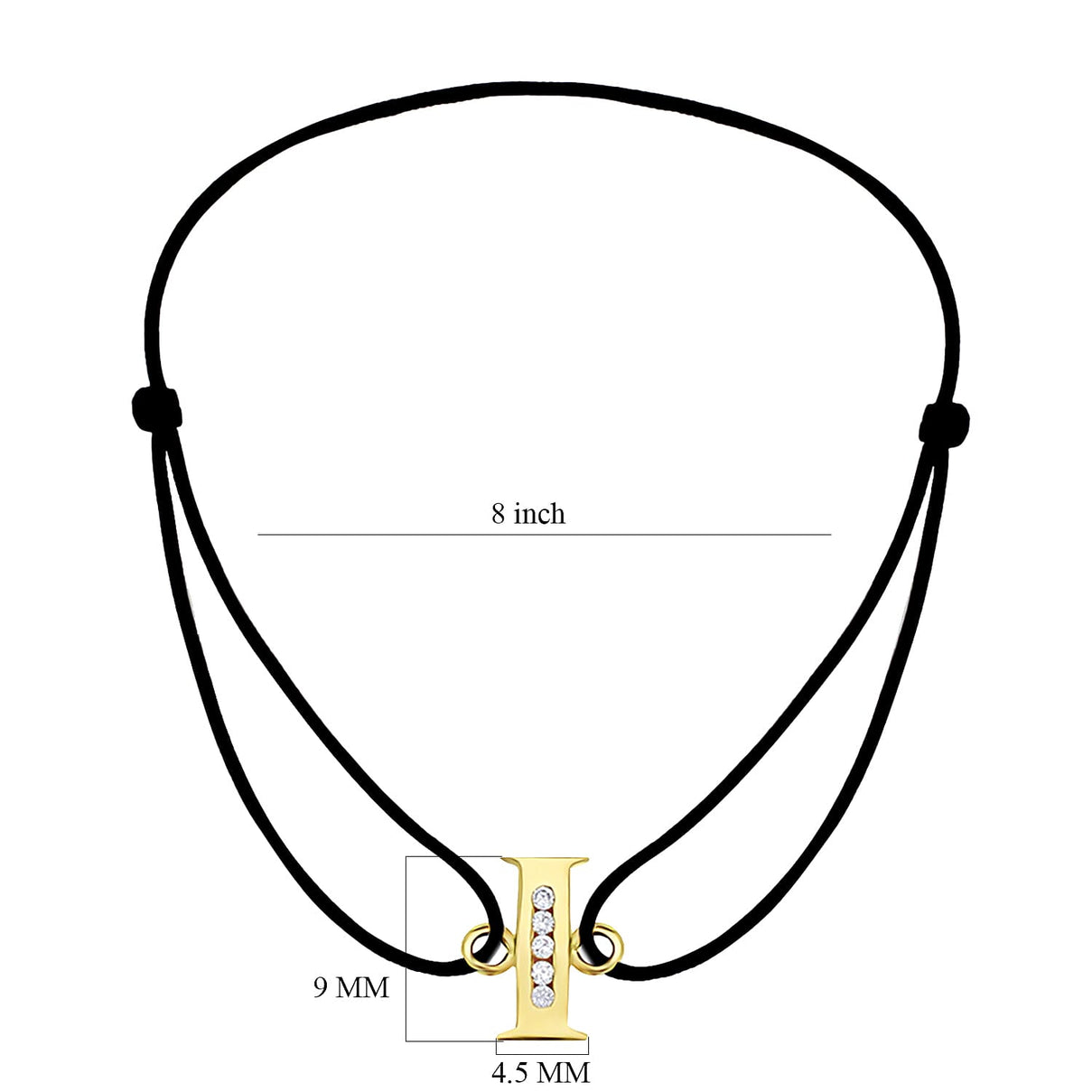 I Initial Black Cord Adjustable Bracelet 4.5 Inch to 8 Inch in 9K Yellow Gold Cubic Zirconia 4.5mm x 9mm 7382293 2