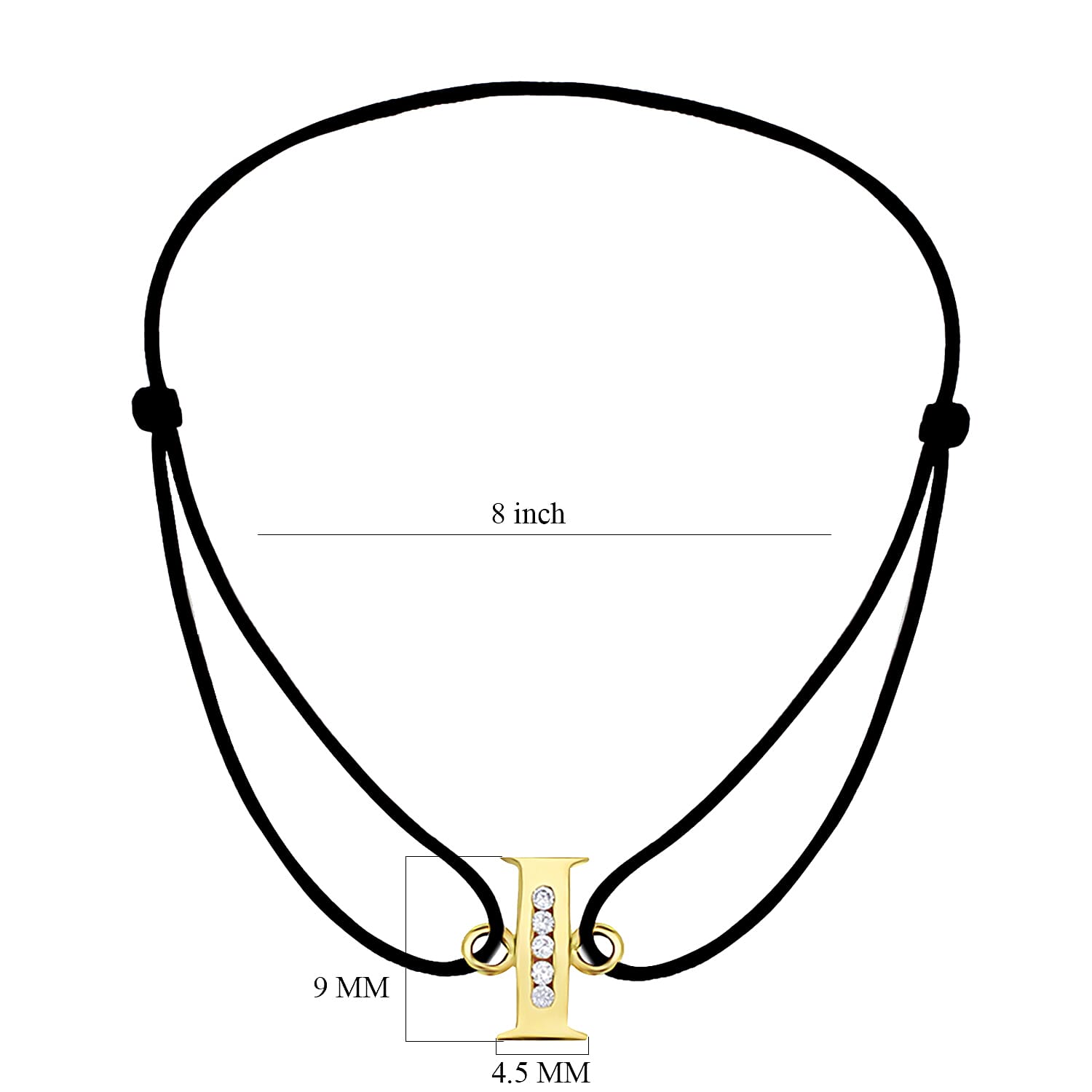 I Initial Black Cord Adjustable Bracelet 4.5 Inch to 8 Inch in 9K Yellow Gold Cubic Zirconia 4.5mm x 9mm 7382293 2