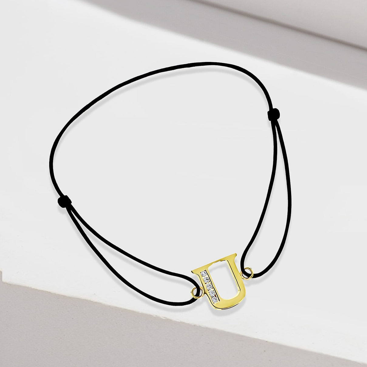 U Initial Black Cord Adjustable Bracelet 4.5 Inch to 8 Inch in 9K Yellow Gold Cubic Zirconia 9.5mm x 9.5mm 7382324 1